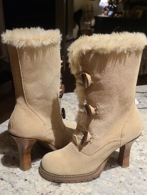 Colin Stuart Beige Faux Fur Suede Mid-Calf Heeled Boots